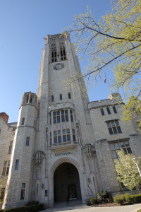 University Hall Clock Tower front-view during Spring. CD-959